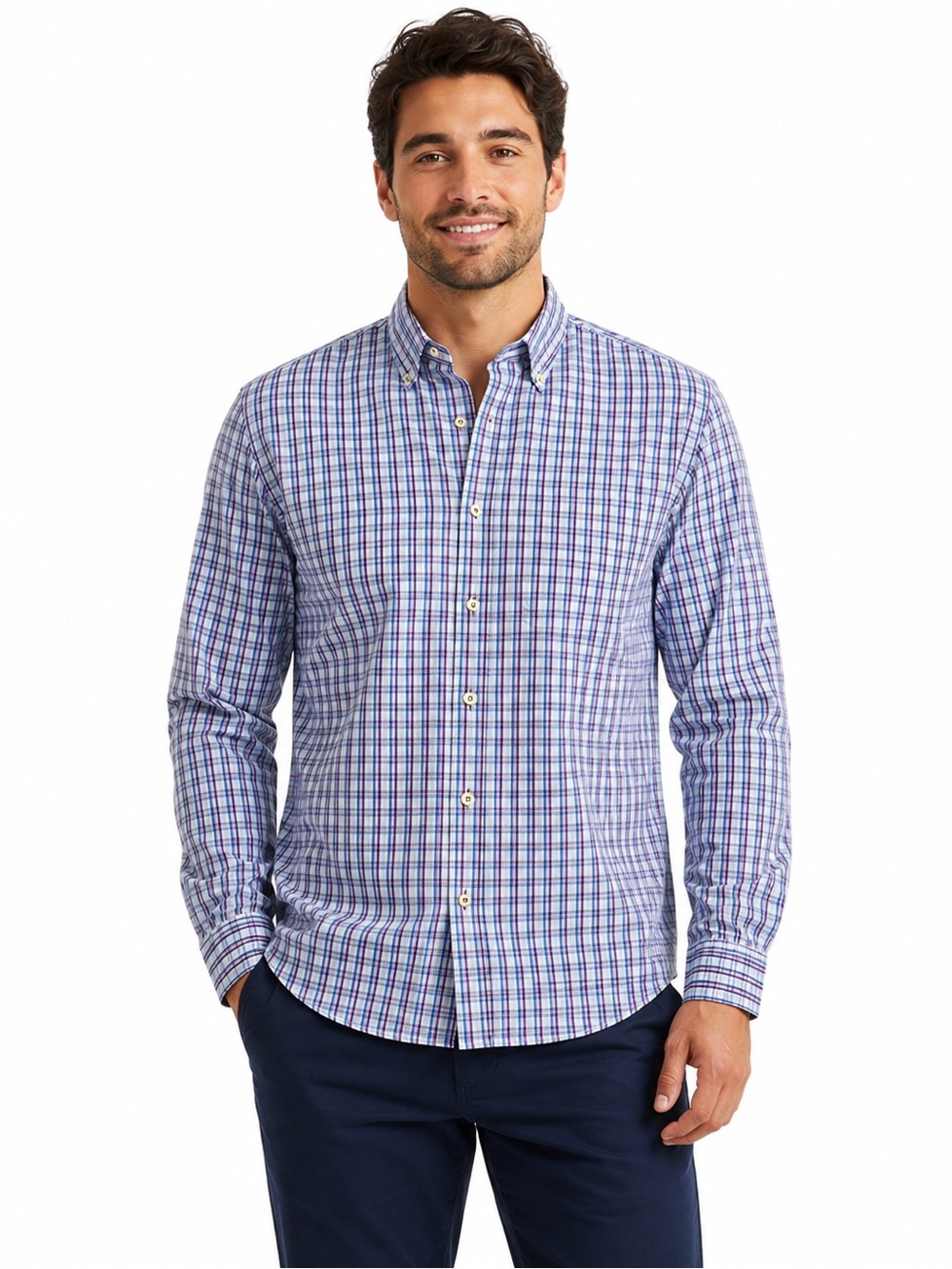 Peter Millar Blue and White Windowpane Plaid Button-Down Shirt size L